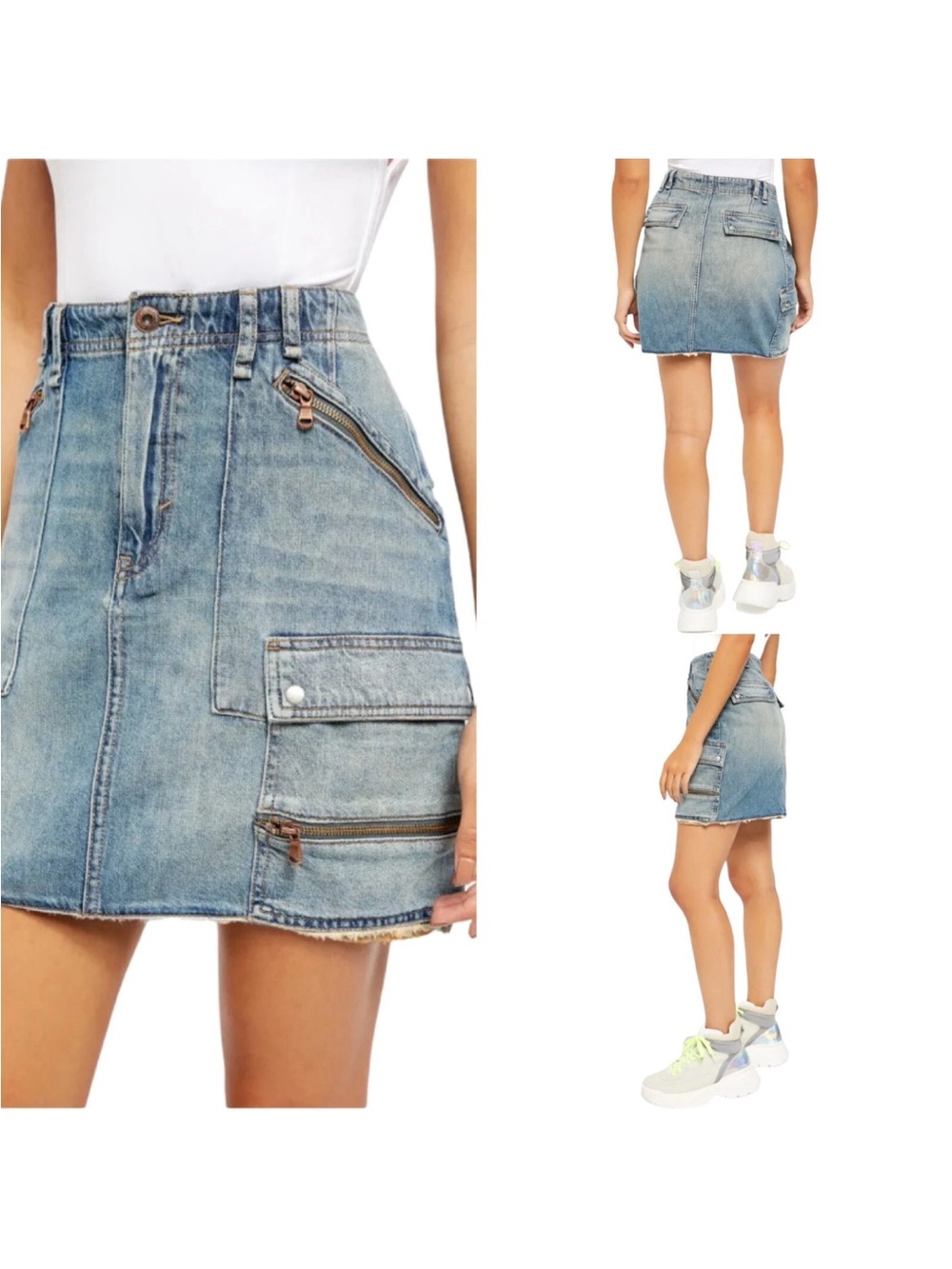 We The Free People Women's Icon Wash Blue Denim Jean Mini Cargo Skirt Size 29 - Picture 14 of 15